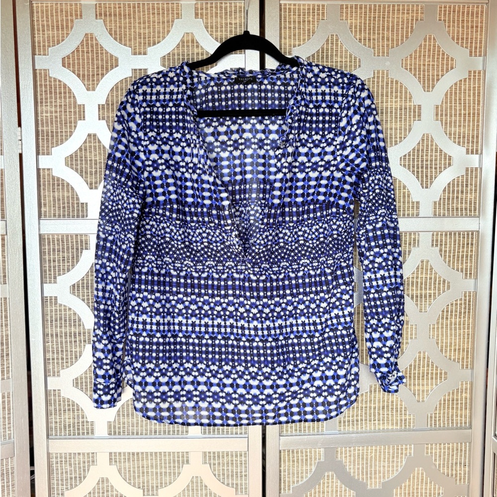 Talbots Blue and White Graphic Long Sleeve Blouse